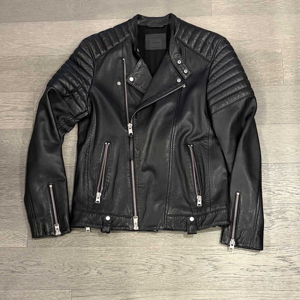 AllSaints Black Quilted Shoulder Leather Moto Jacket